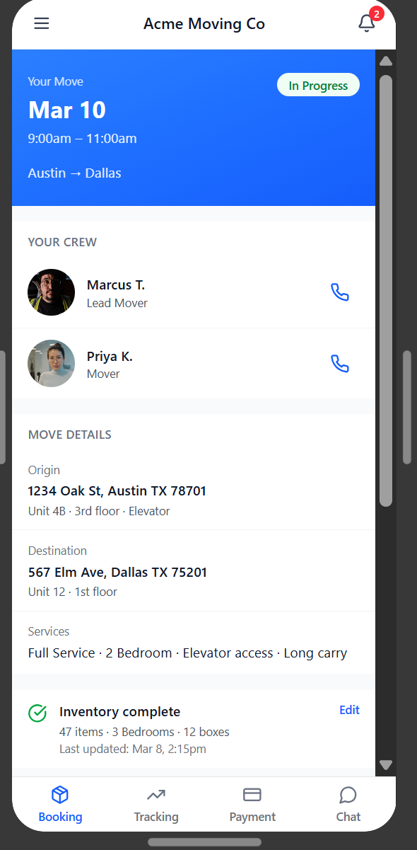 Settl job coordination dashboard showing the customer move flow