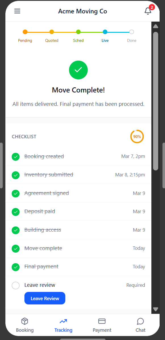 Settl move day progress view giving customers real-time visibility without calling the office