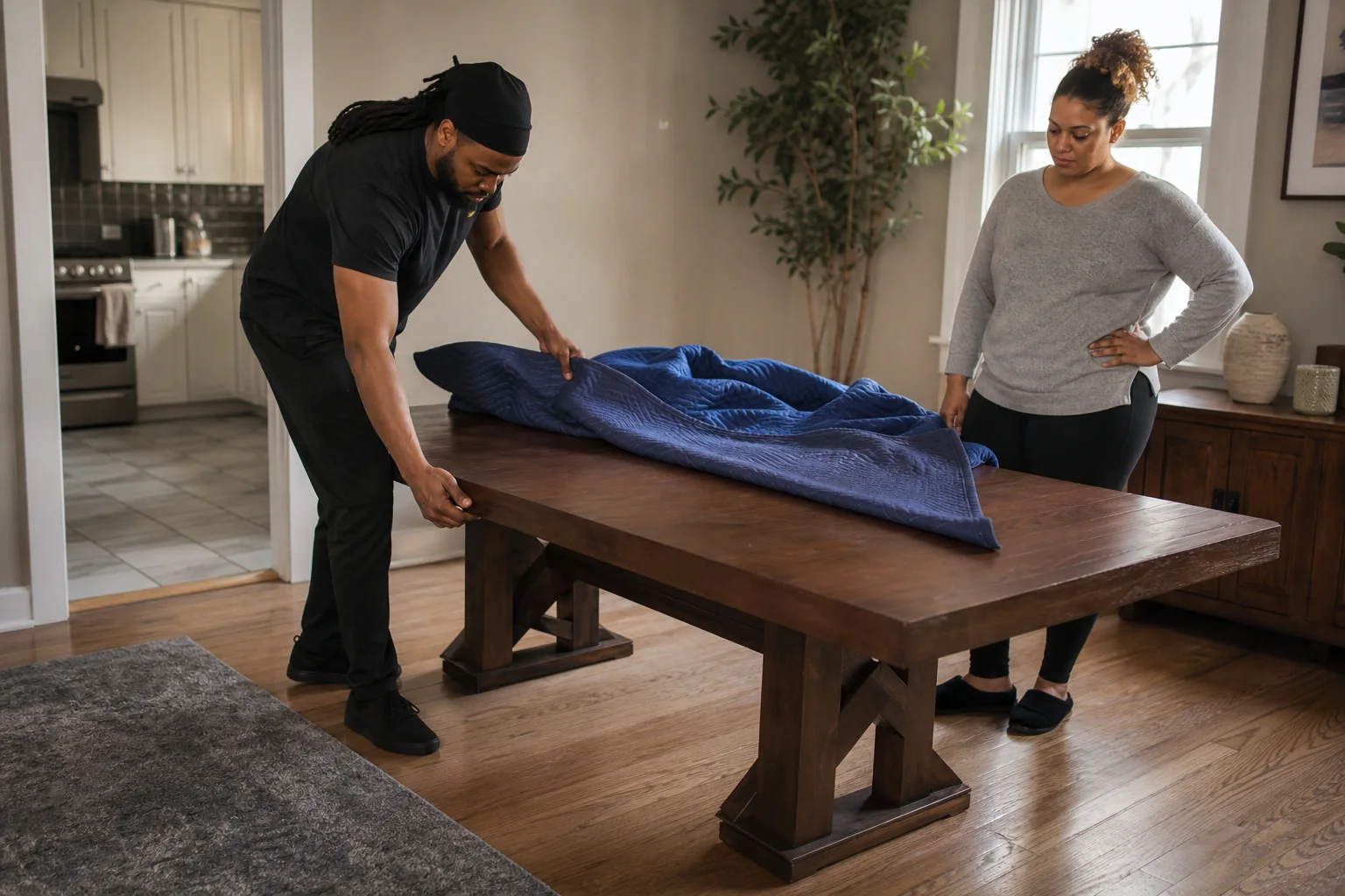 A mover carefully removes a protective blanket from a customer's dining table after completing a move