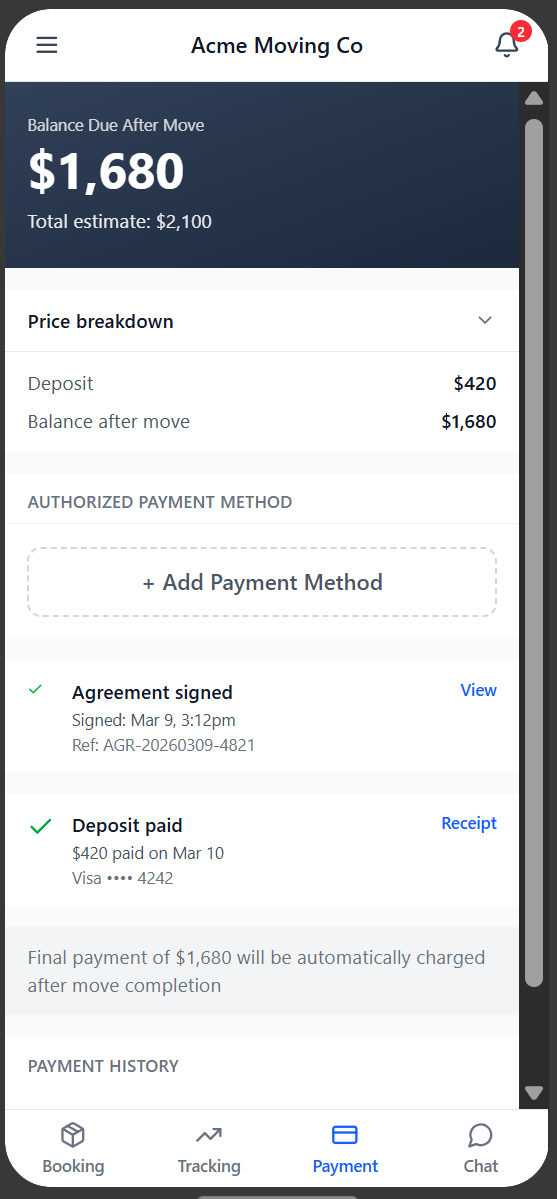 Settl quote tracking interface showing which steps a customer has not yet completed