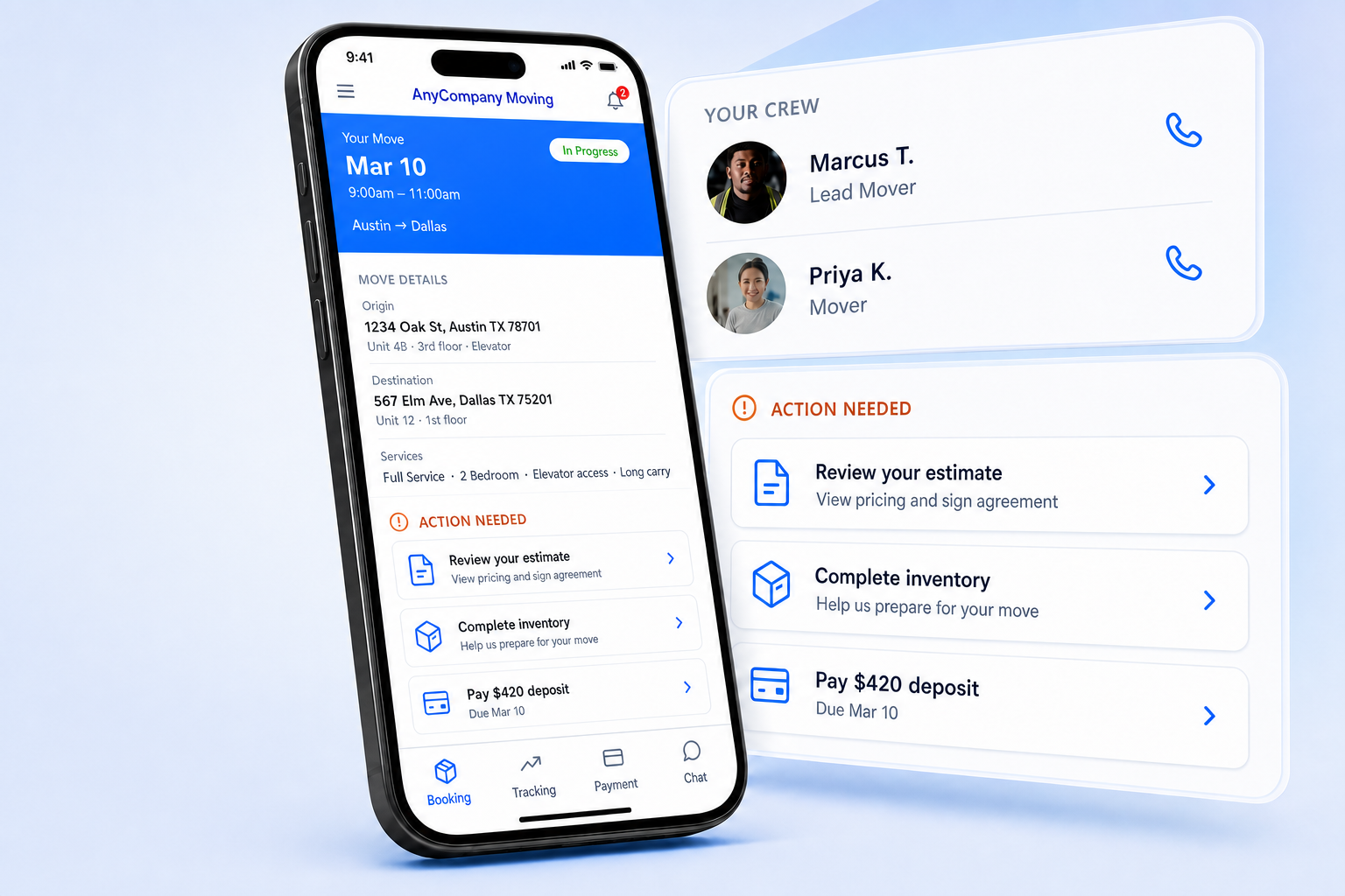 Customer app showing a branded move with the assigned crew and a clear list of next steps