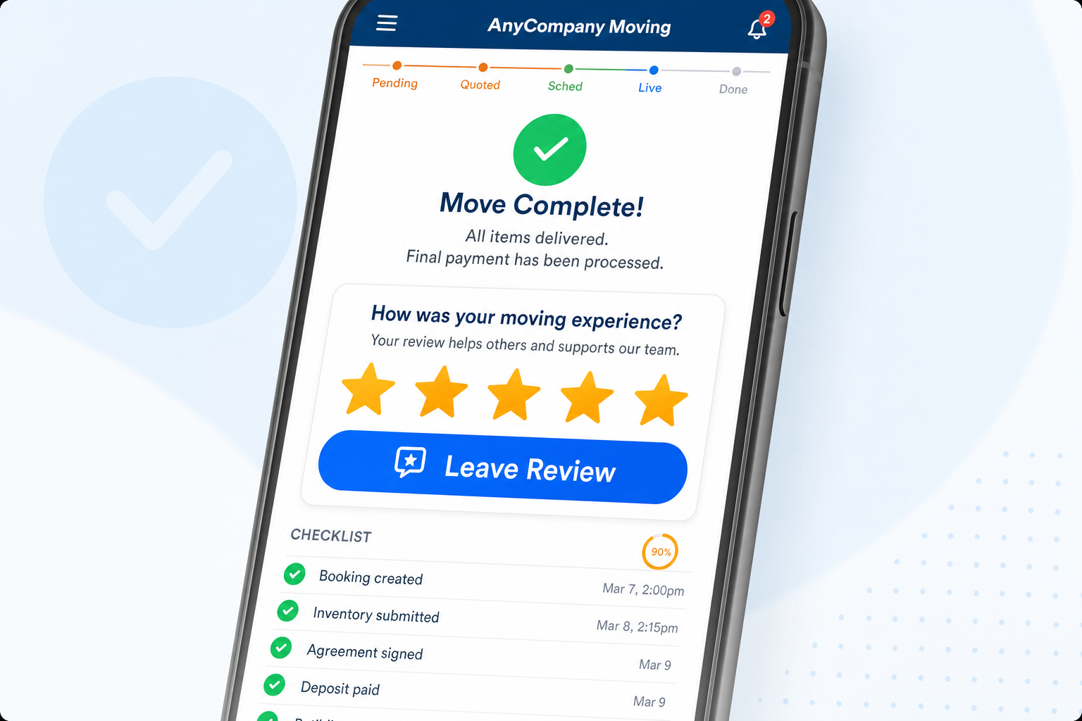 Customer app 'Move complete' screen prompting the customer to leave a five-star review