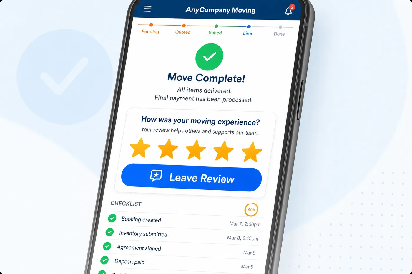 Customer app 'Move complete' screen prompting the customer to leave a five-star review