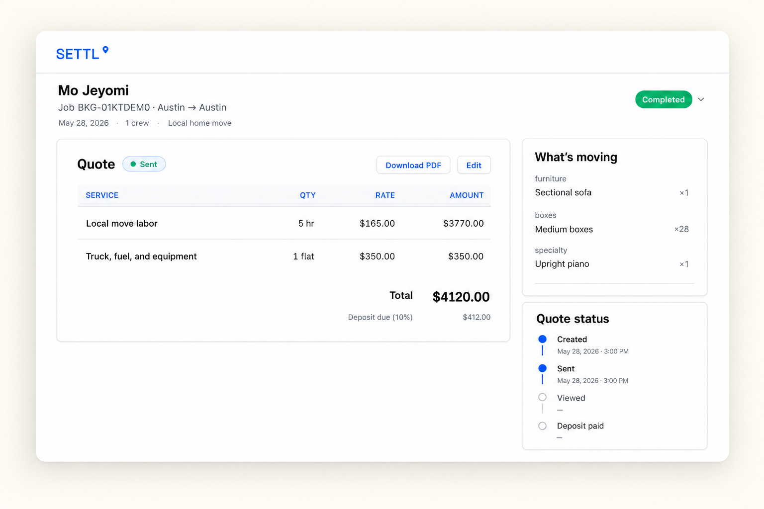 Settl quote screen showing a $4,120 branded estimate with line items, the customer's inventory, and quote status from sent to deposit paid