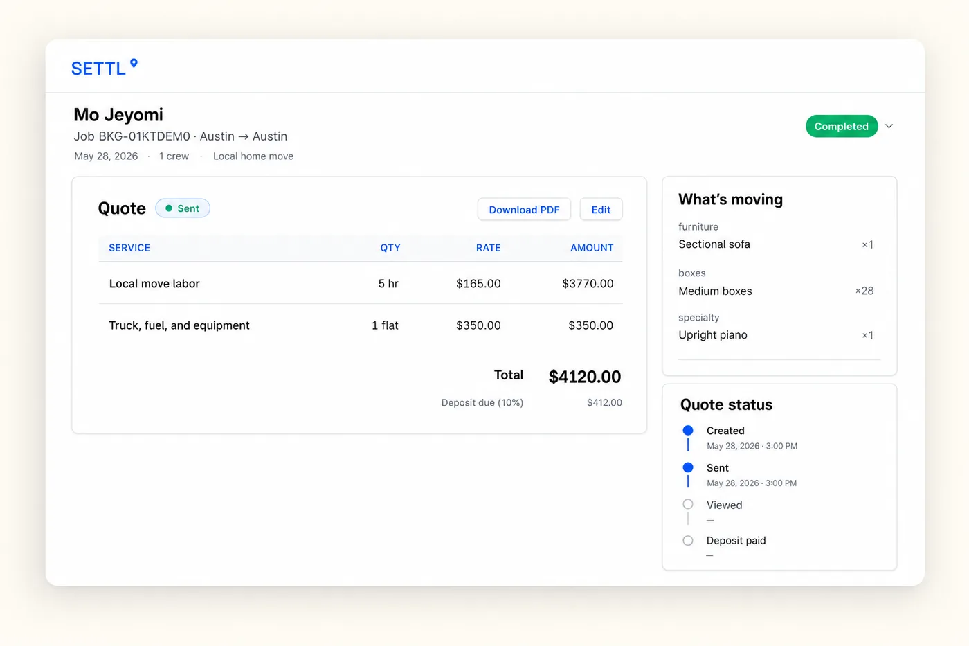Settl quote screen showing a $4,120 branded estimate with line items, the customer's inventory, and quote status from sent to deposit paid