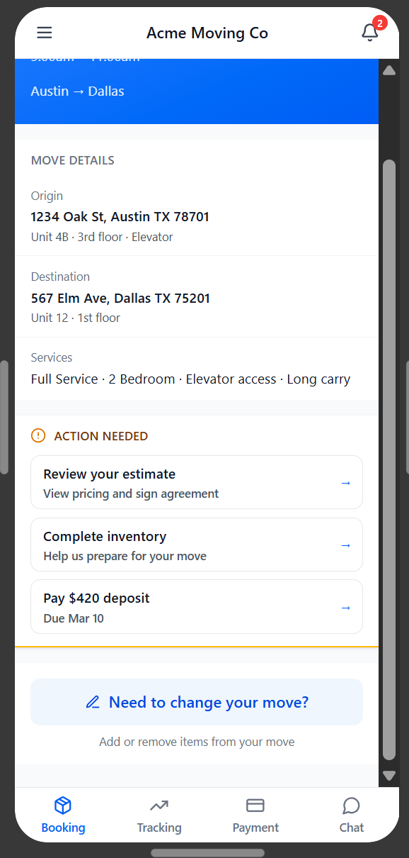 Customer approving a change to their move price and inventory in a branded app