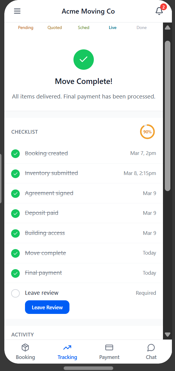 Customer paying the final balance and leaving a five-star review in a branded app