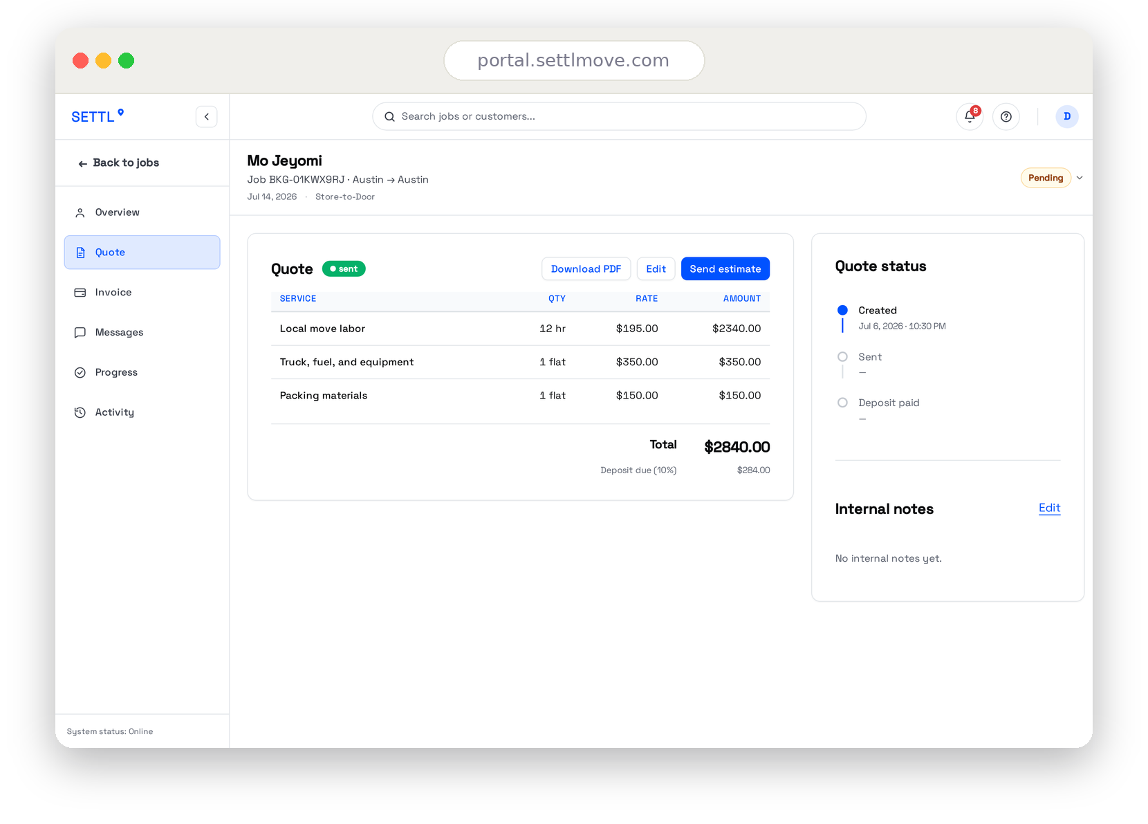 Settl estimate showing line items, price, terms, and documents in one packet