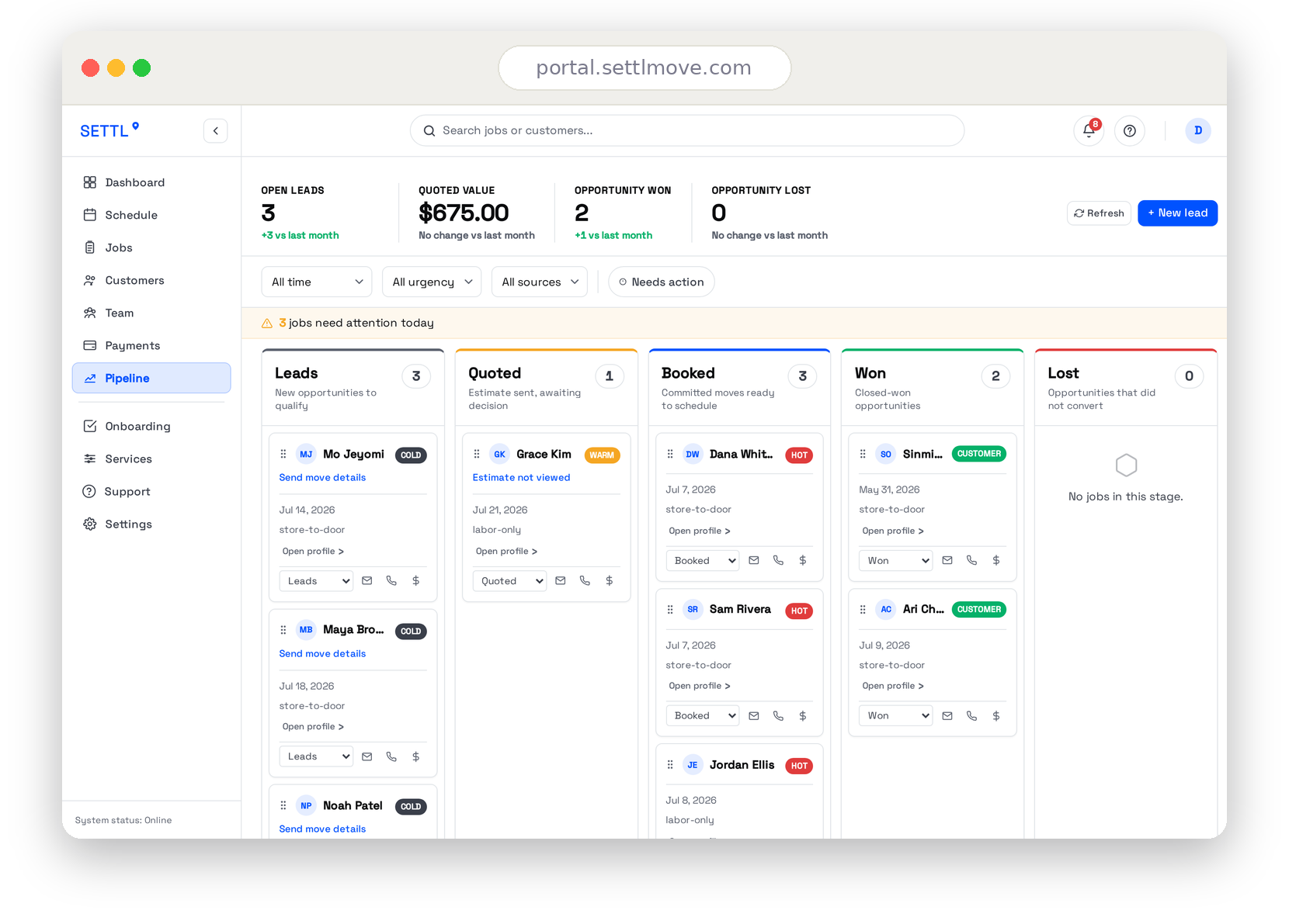 Settl pipeline board showing leads by stage with hot, warm and cold labels and quoted values